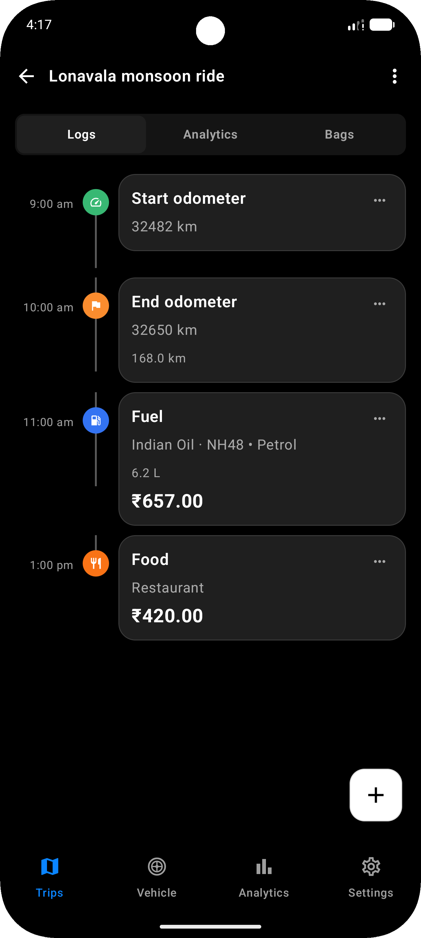 Trip logs — odometer, fuel, and expenses