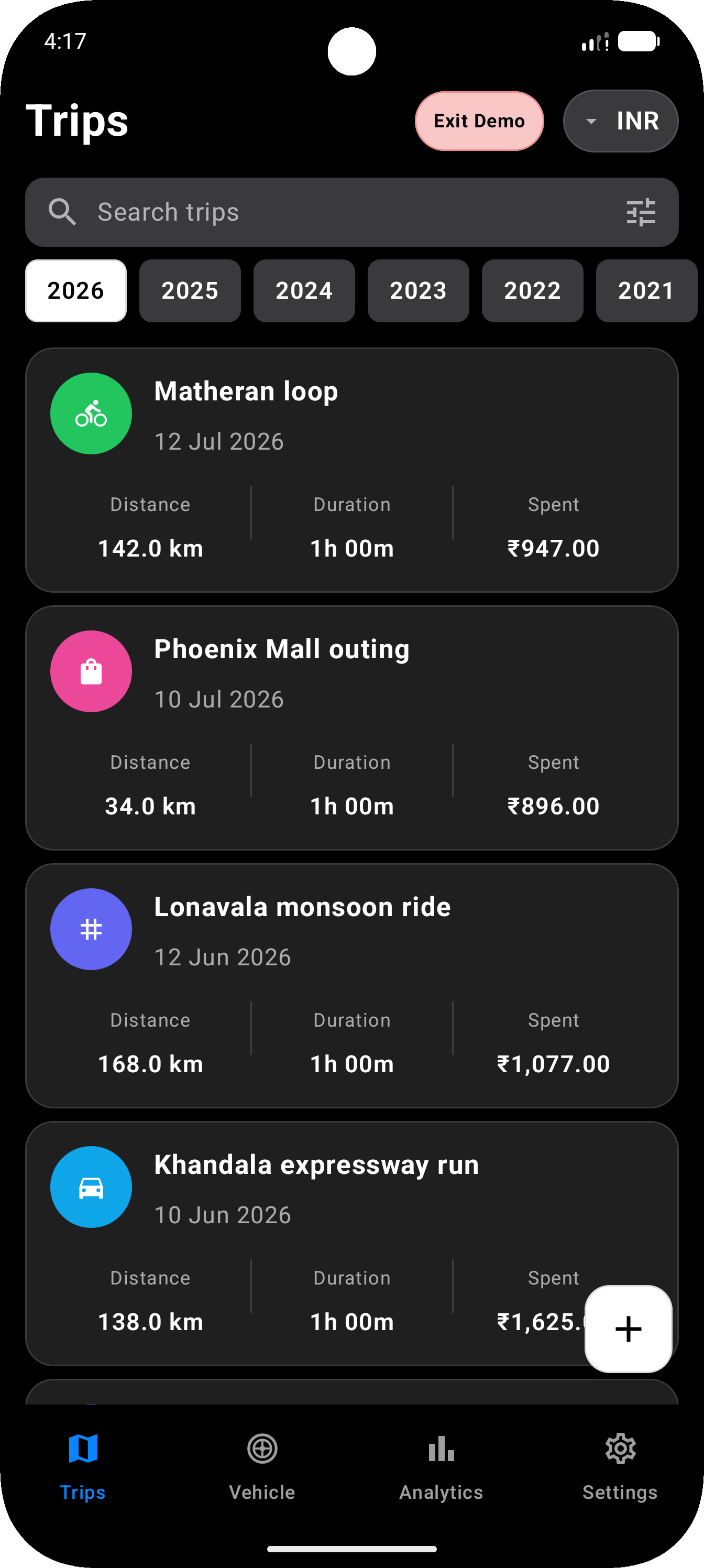 Trips list with search, year filter, and ride cards
