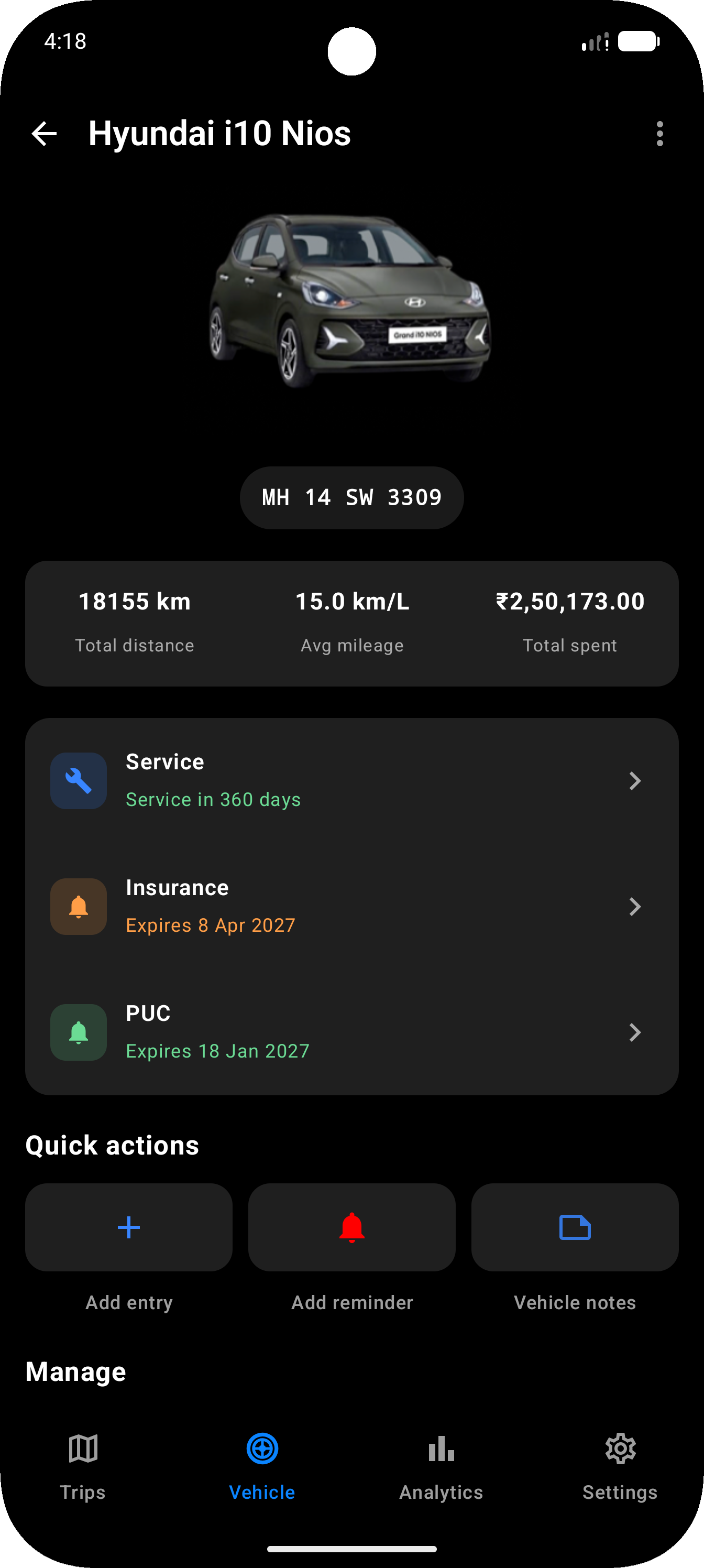 Vehicle detail with mileage and reminders