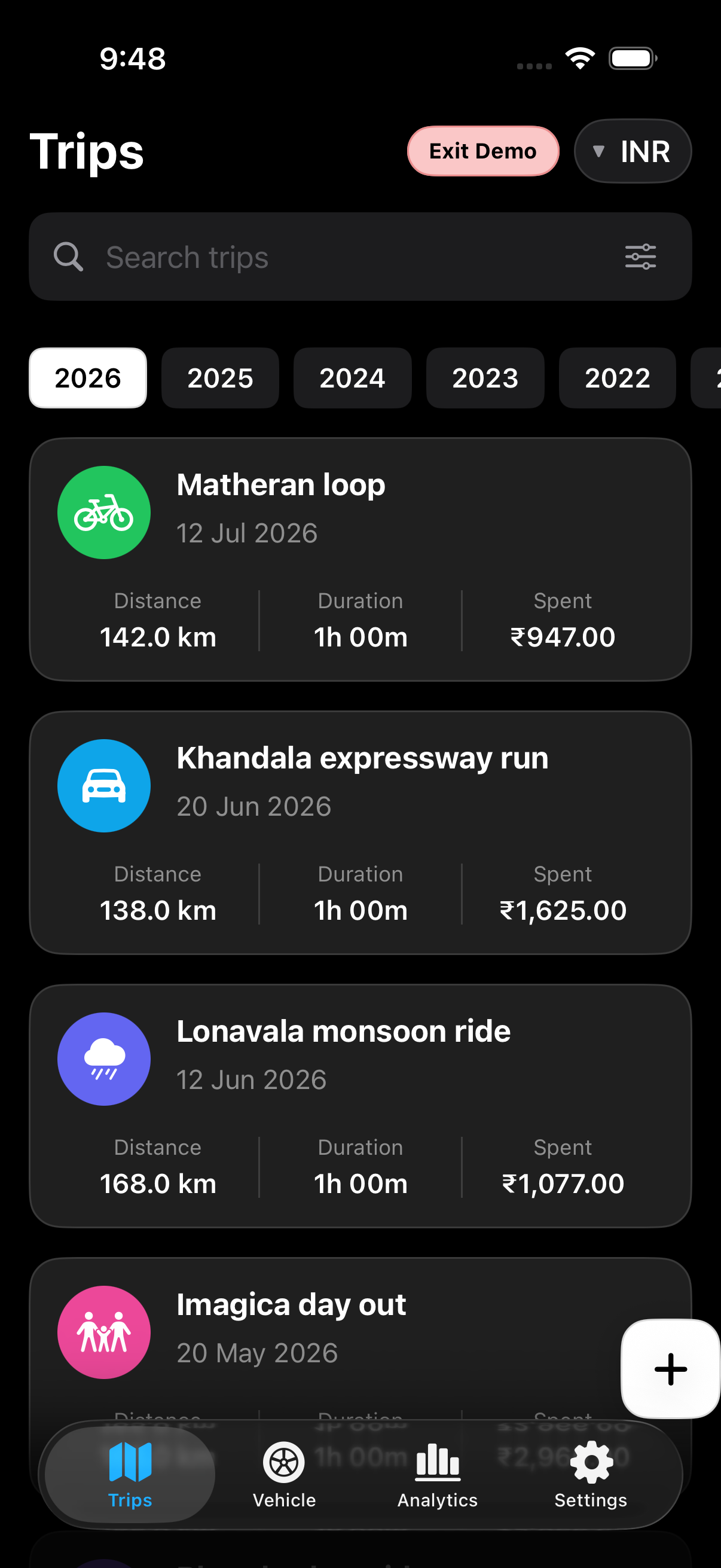 Trips list with search, year filter, and ride cards